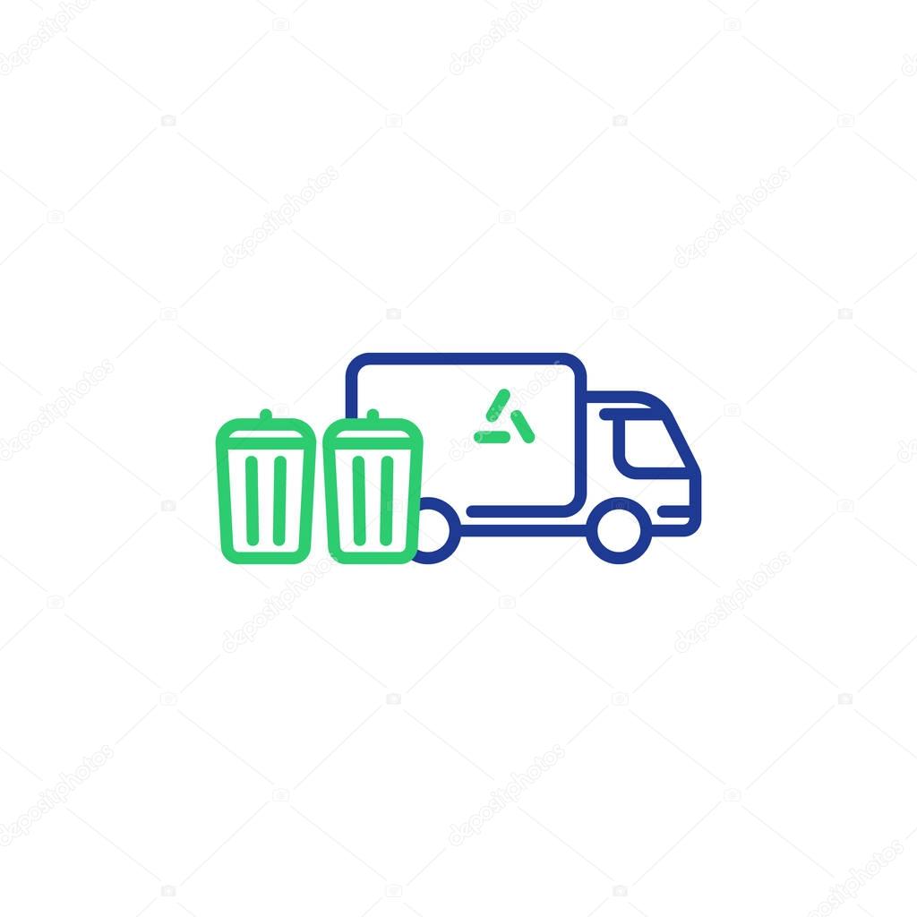 Garbage collector services, waste transportation truck, rubbish bins, dump vehicle, vector mono line icon