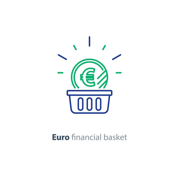 Монети євро в кошик, фінансові концепції, інвестиційний план, збільшення доходів, значок "рядок" — стоковий вектор