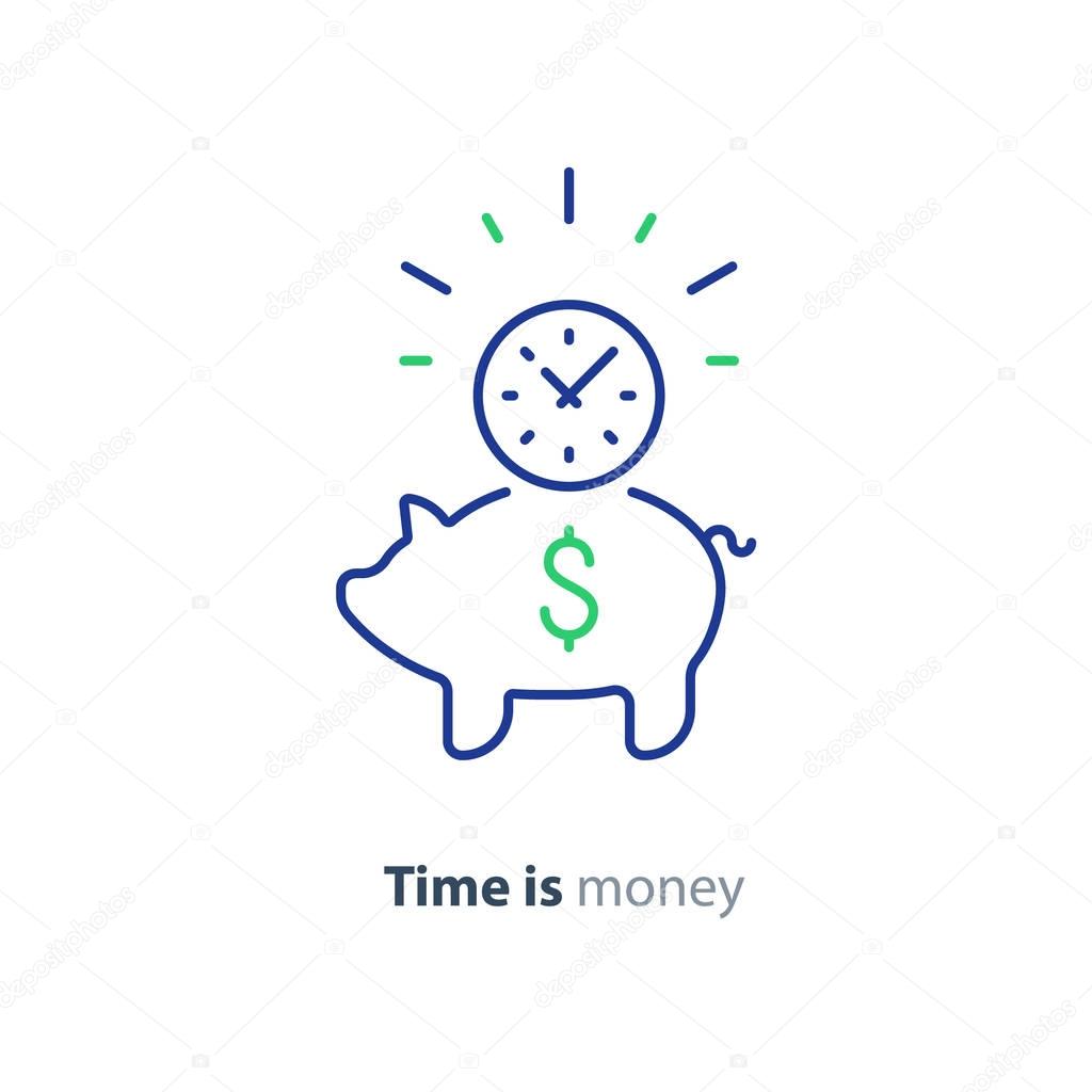 Piggy bank concept, time is money, long term investment, savings account deposit, pension fund, financial planning, vector flat icon