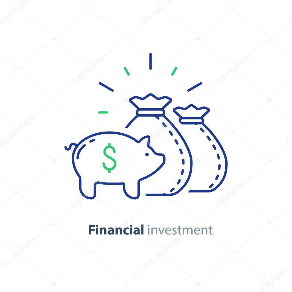Piggy bank concept, time is money, long term investment, savings account deposit, pension fund, financial planning, vector flat icon