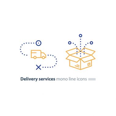 Truck delivery and box package, transportation services line icons clipart
