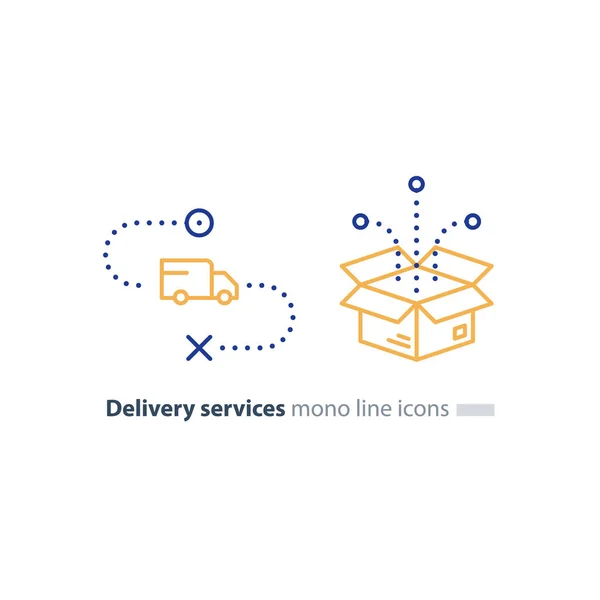 LKW-Lieferung und Box-Paket, Transportdienstleistungen Linie Symbole — Stockvektor