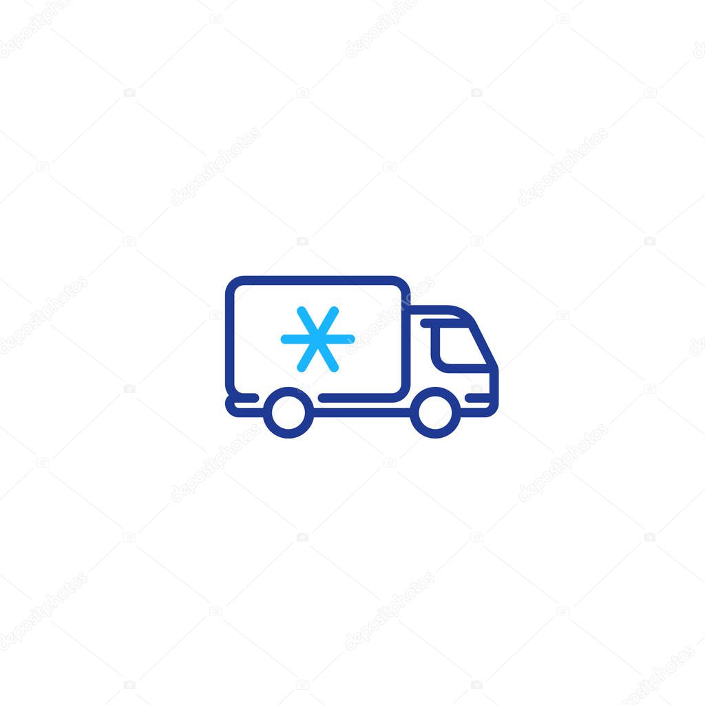 Fridge truck, ice cream van, delivery vehicle services, freezer, vector mono line icon