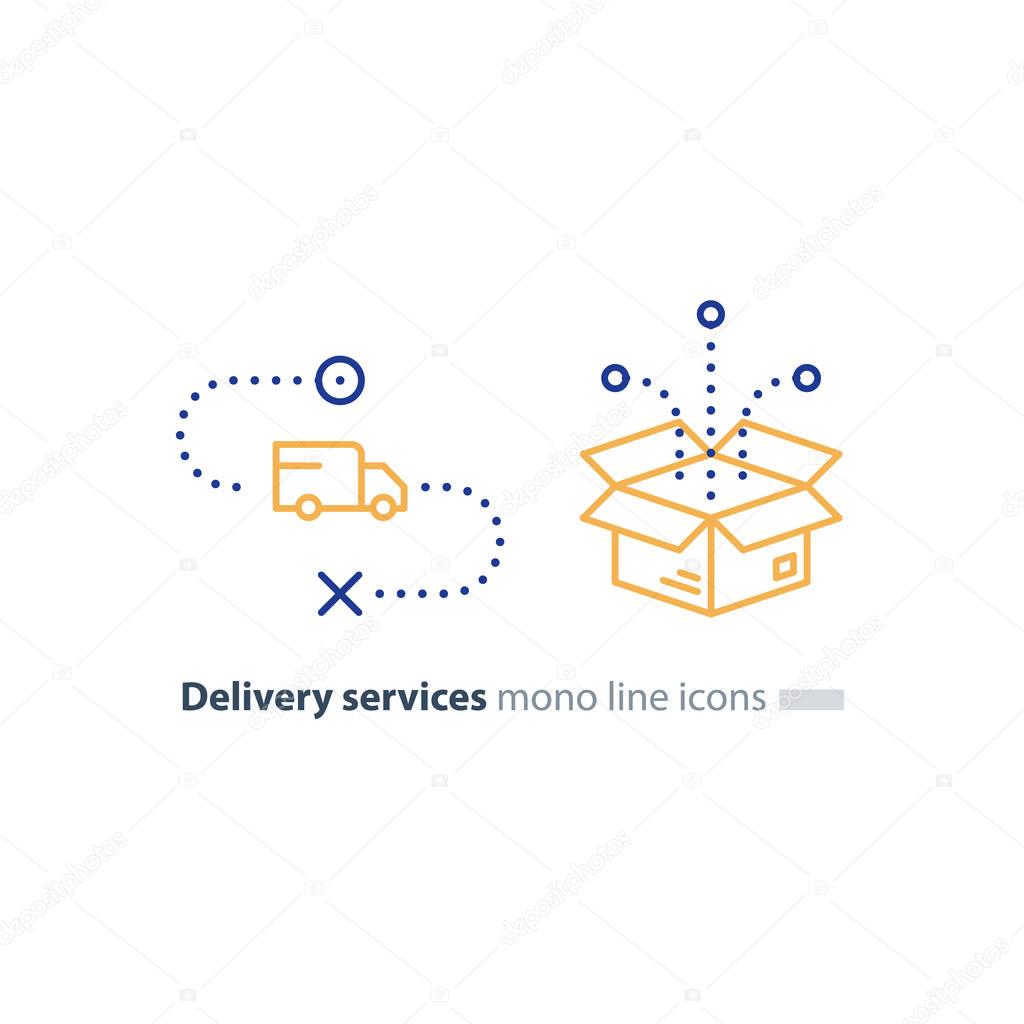 Truck delivery and box package, transportation services line icons