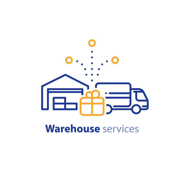 Delivery truck icon, order shipping, distribution warehouse services, relocation concept