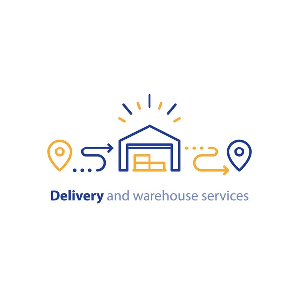 Icona della catena di consegna, spedizione degli ordini, servizi di magazzino di distribuzione, concetto di delocalizzazione — Vettoriale Stock