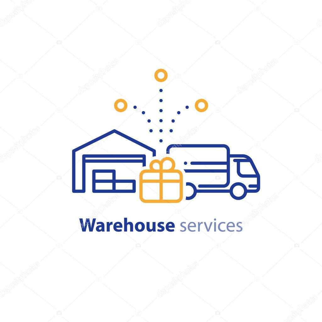 Warehouse distribution solution concept, truck delivery services and transportation company logo elements, shipping multiple order line icon, combined parcel outline vector