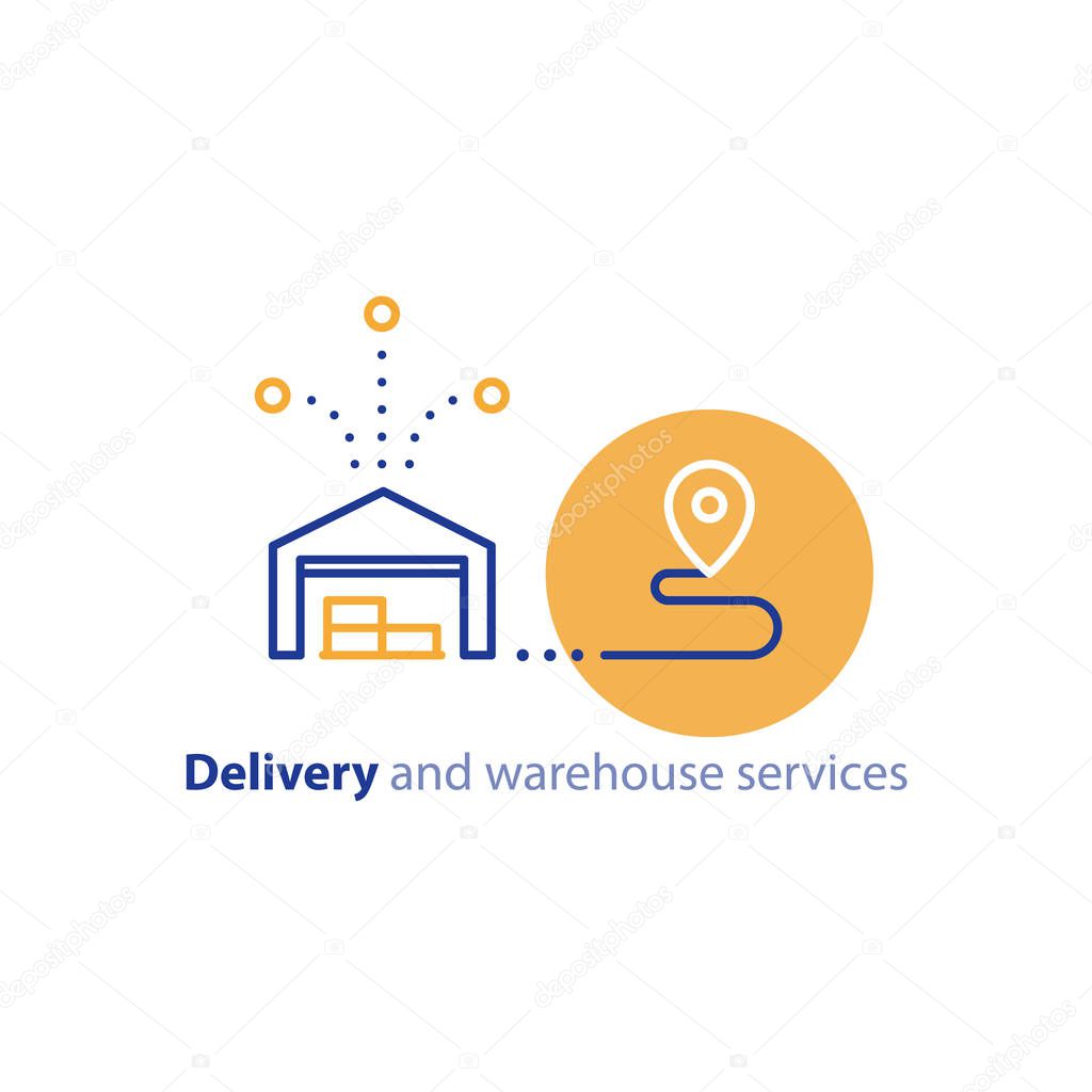 Wholesale warehouse distribution center concept, delivery chain solution and transportation services logo elements, shipping multiple order line icon, combined parcel outline vector