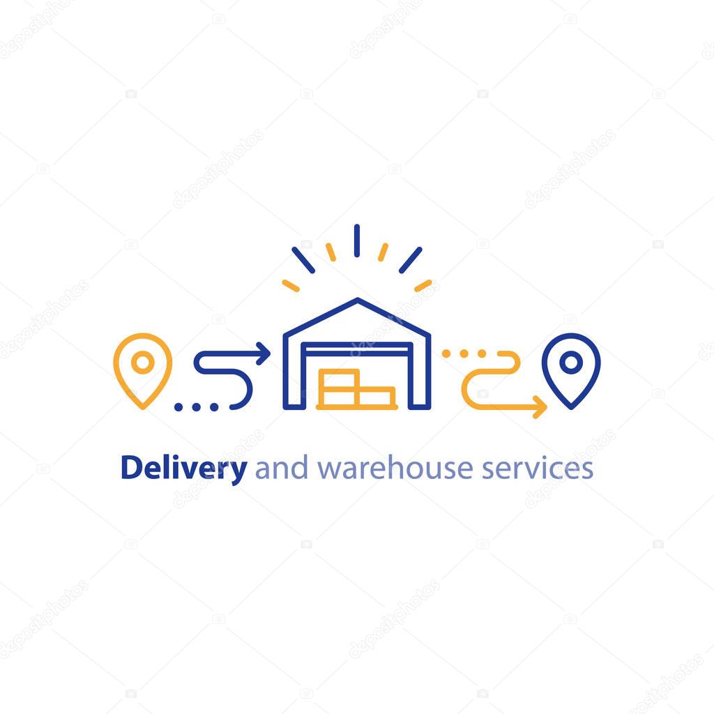 Wholesale warehouse distribution center concept, delivery supply chain solution and transportation services logo elements, shipping order line icon, tracking location outline vector
