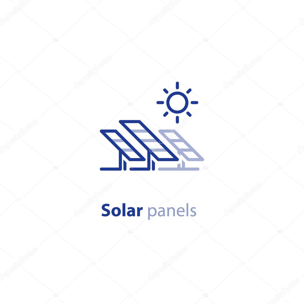 Renewable energy, solar panels station concept, green electricity, vector line icon