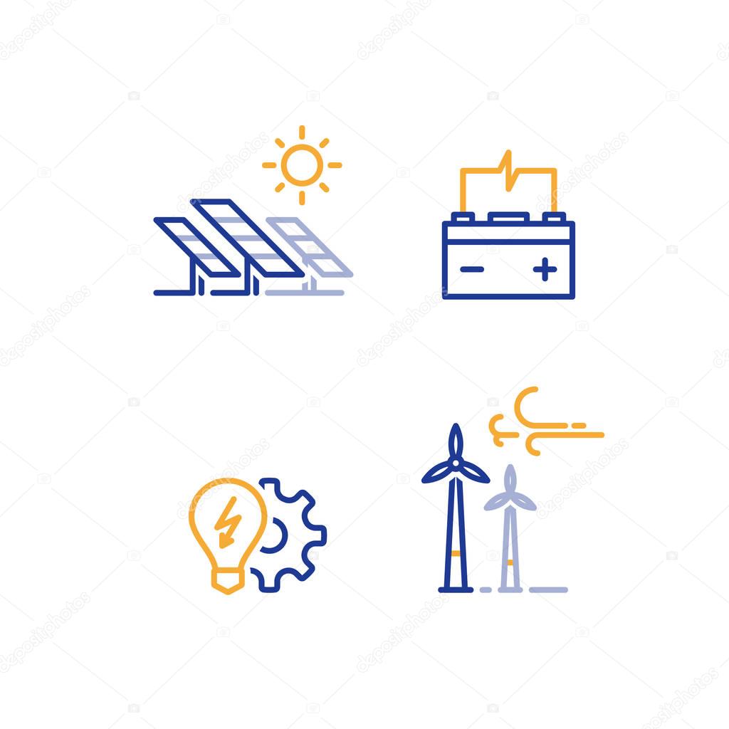 Solar panels and wind farm energy concept, offshore wind turbines, green electricity, accumulator and light bulb vector line icon
