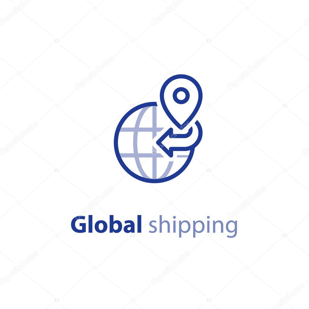 International shipment, global shipping program, delivery services, tracking order, globally transportation business vector line icon