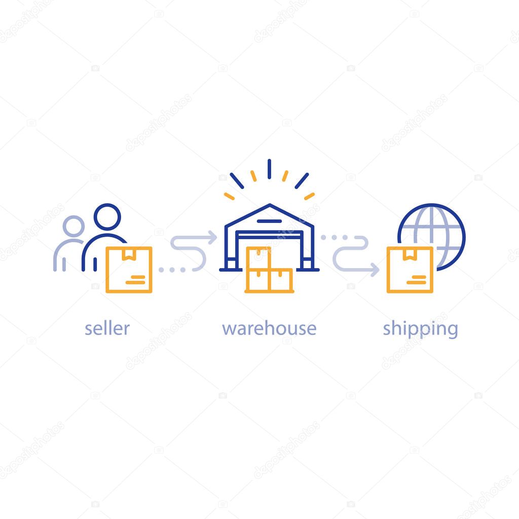 International parcel shipment, global shipping program, box delivery services, tracking order, globally transportation business, distribution warehouse, supply chain, storage industry vector line icon