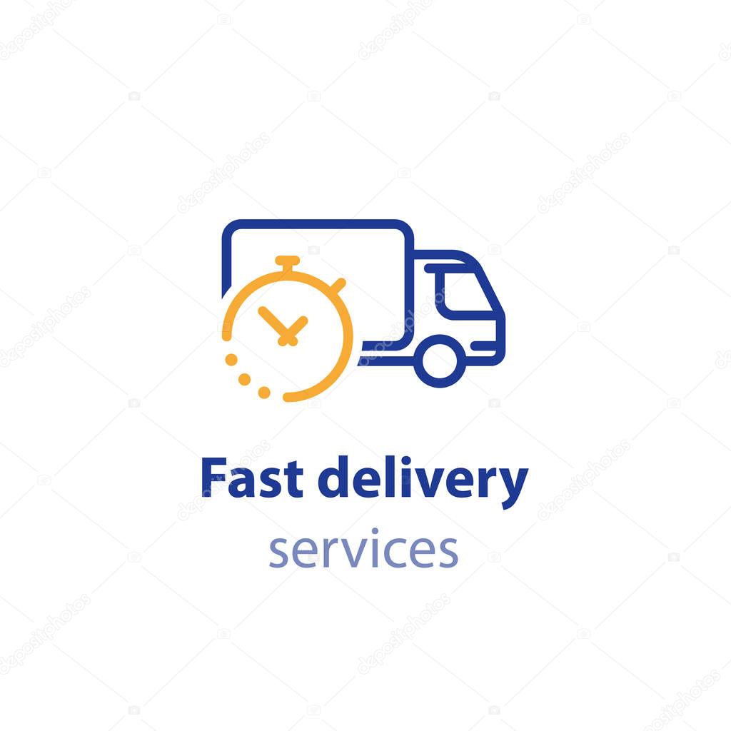 Truck delivery duration, fast relocation services, transportation company logo elements, shipping order day, distribution line icon