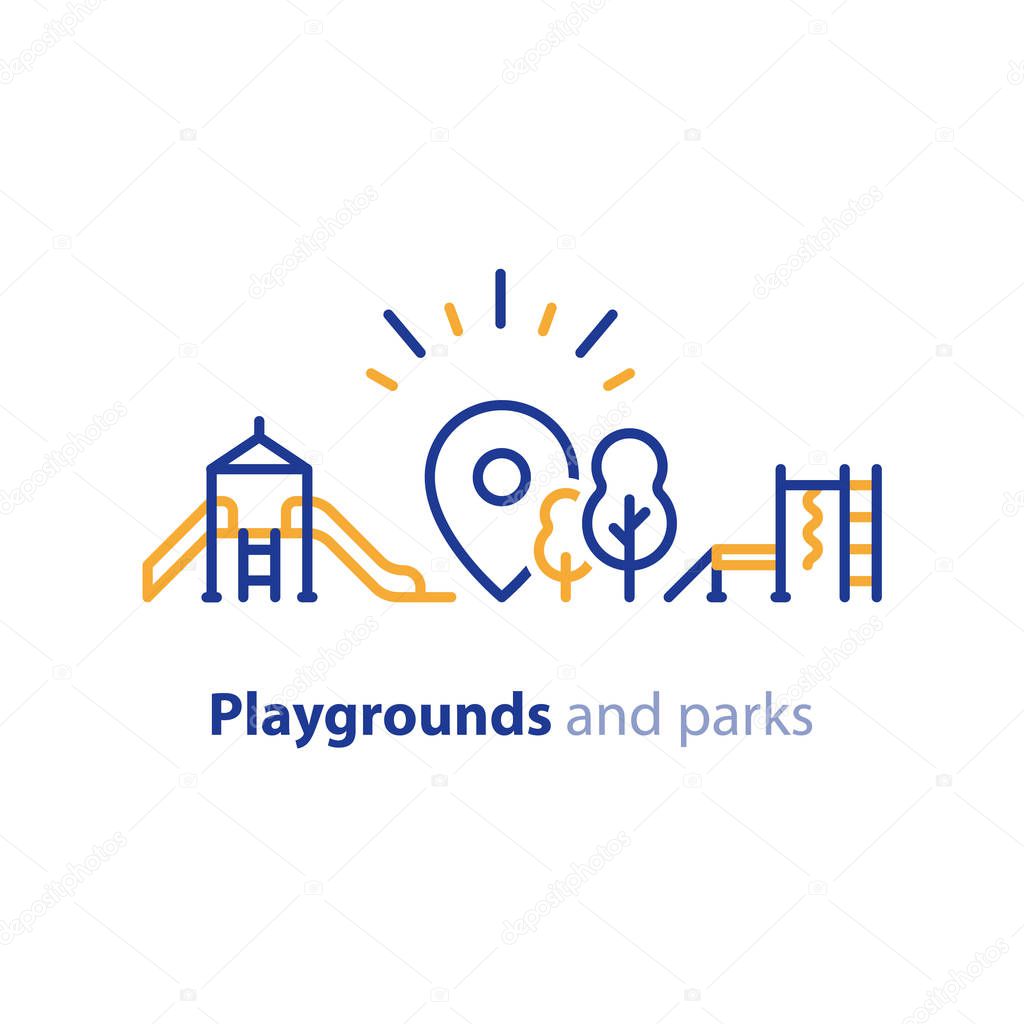 Playground and park location concept, outdoor activities for kids, vector line icon