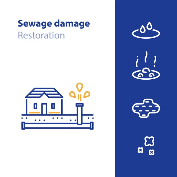 Rottura tubi, perdite d'acqua, icona del concetto di danno fognario — Vettoriale Stock