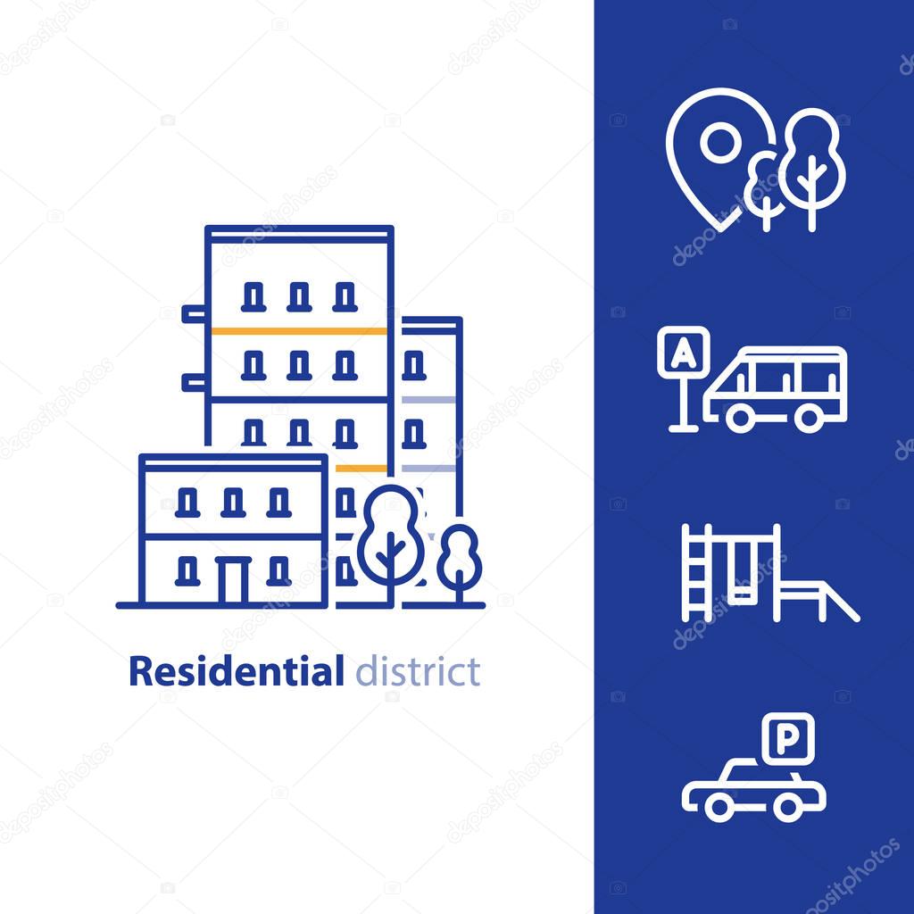 Real estate services, residential district, apartment building, neighborhood concept, facilities and amenities, group of houses line icons