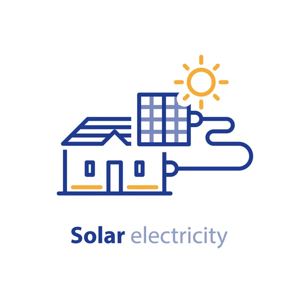 태양 에너지, 태양 전지 패널, 홈 솔루션, 전기 서비스 라인 아이콘 — 스톡 벡터