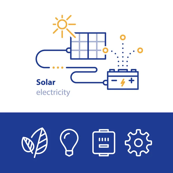 Énergie solaire, panneaux et accumulateurs, icônes de l'électricité solaire — Image vectorielle