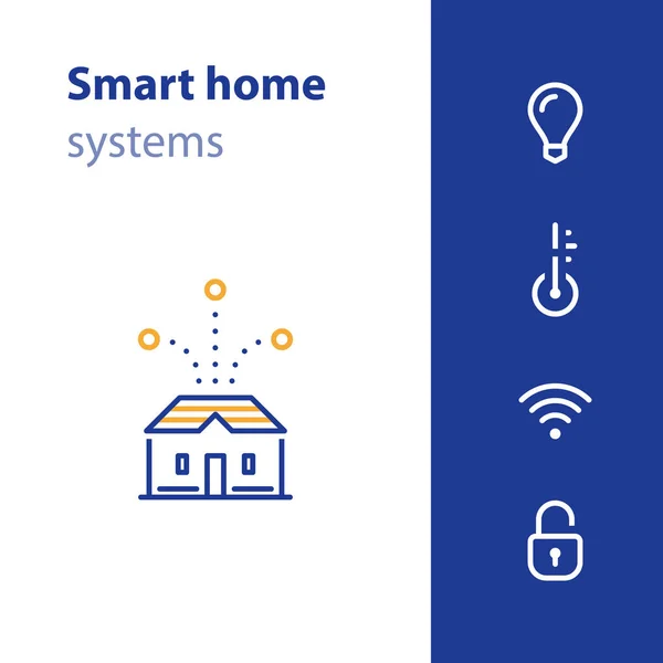 Mejora de la casa, concepto de hogar inteligente, sistema de control, icono de seguridad — Vector de stock