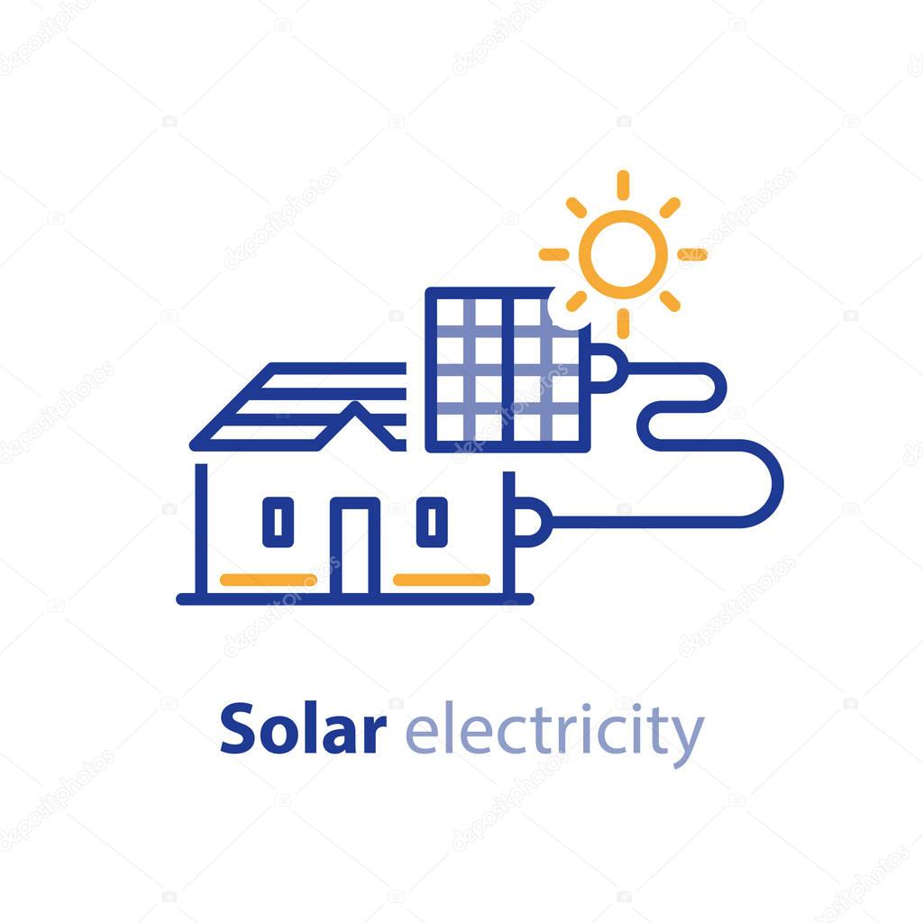 Solar panel on house roof, electrical services, energy saving concept, sun electricity, vector line icon