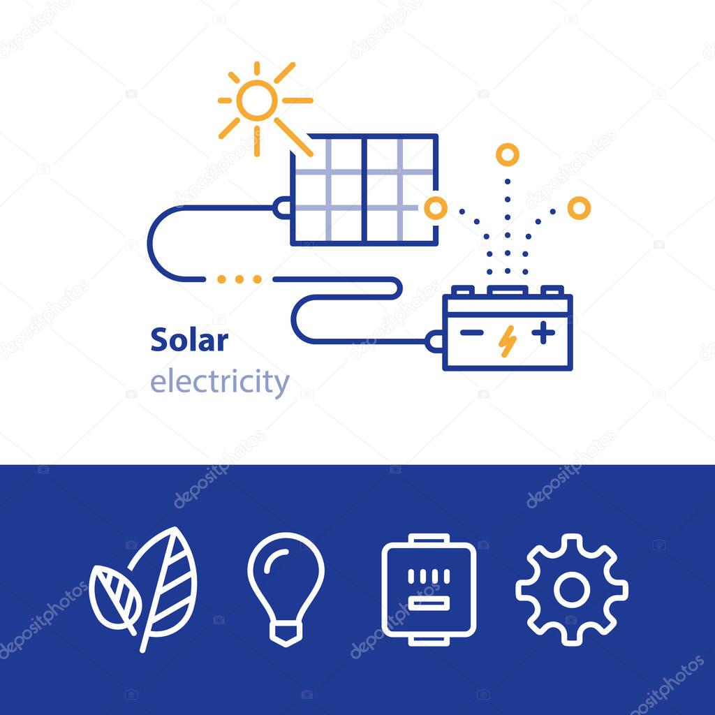 Sun energy, panels and accumulator, solar electricity icons