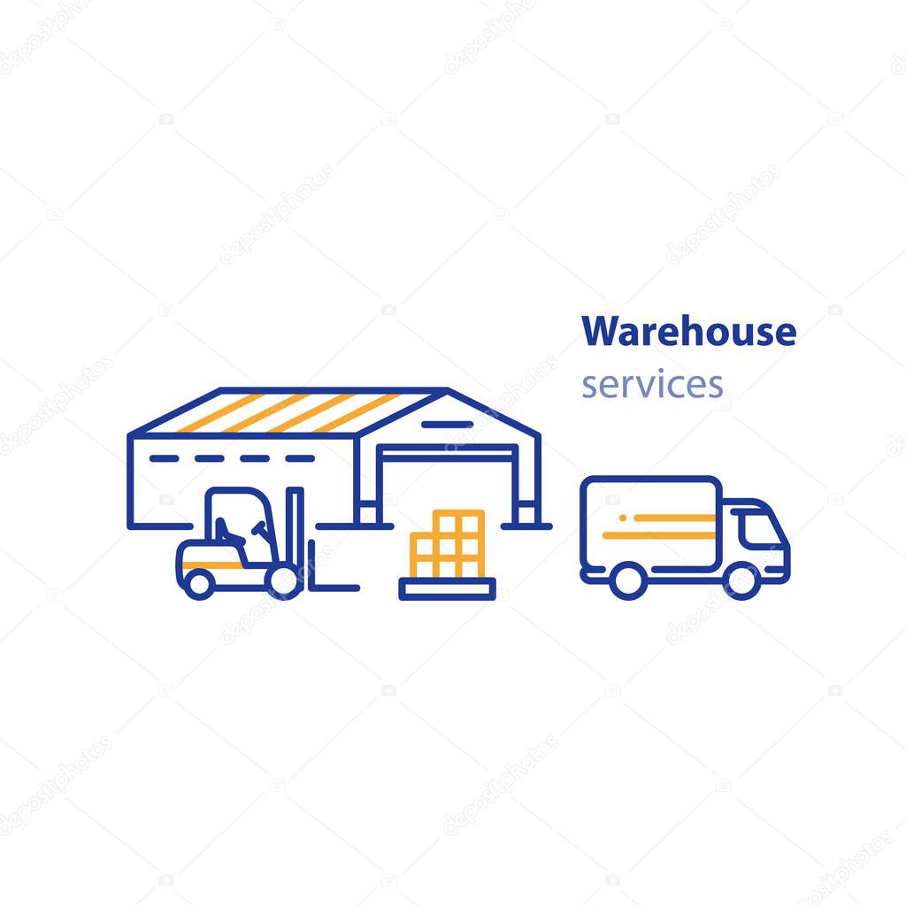 Distribution services, warehouse and transportation, icon set