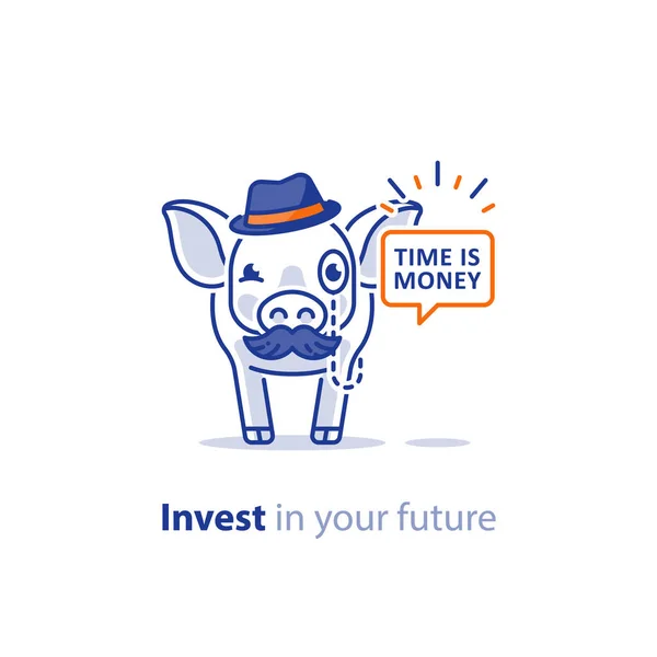 Smart pig in hat con baffi dare consulenza finanziaria, concetto di investimento , — Vettoriale Stock
