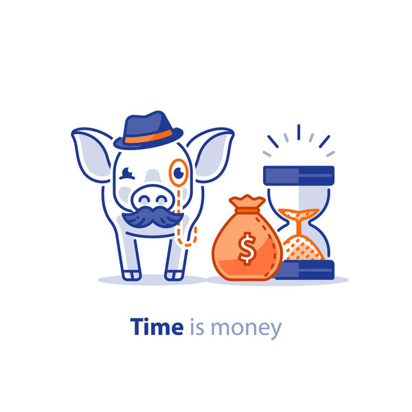 Smart pig in hat with mustache, superannuation fund, pension savings investment plan