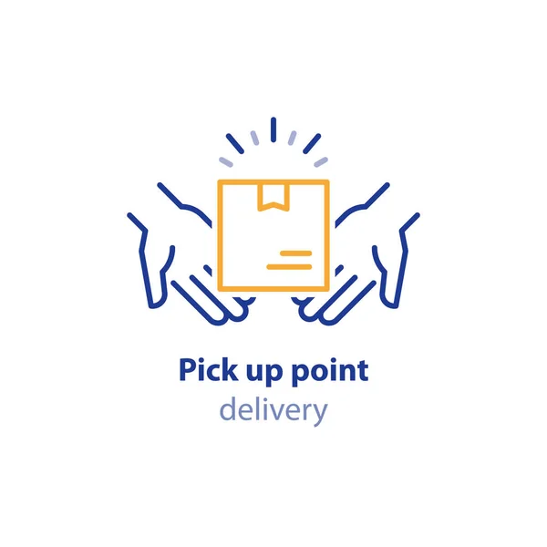 Pakje ontvangen, punt pick-up pakket collectie, vak in handen, carrierdiensten — Stockvector