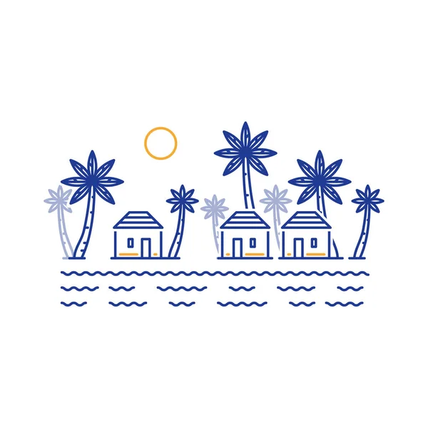 Small village among palm trees, three bungalows by river or lake — Stock Vector