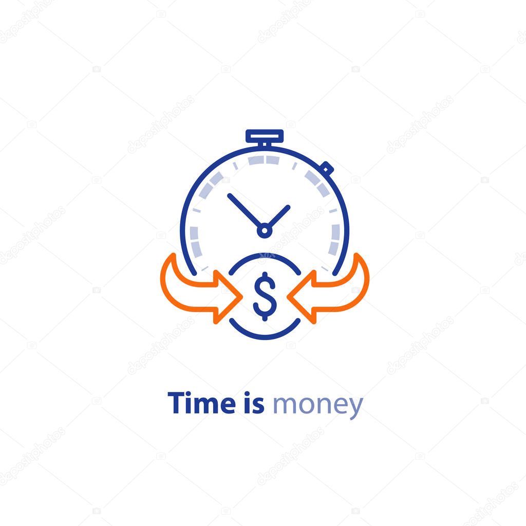 Financial services, time is money, cash back concept, return on investment, savings account, currency exchange, vector line icon