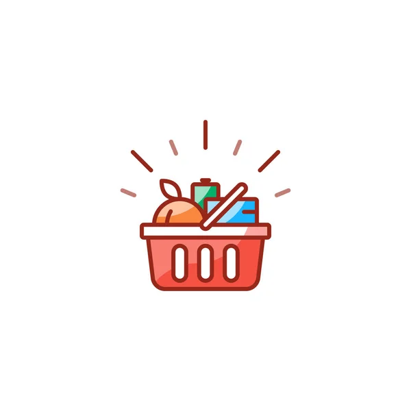 Red basket with grocery products, promotion deal, shopping food line icon — Stock Vector