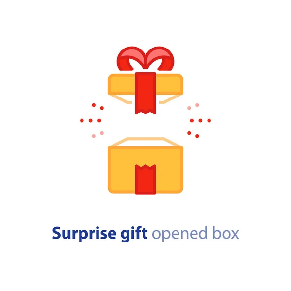 Super present, fantastiska närvarande, överraskande öppnade lådan, födelsedagen, främjande paketet — Stock vektor