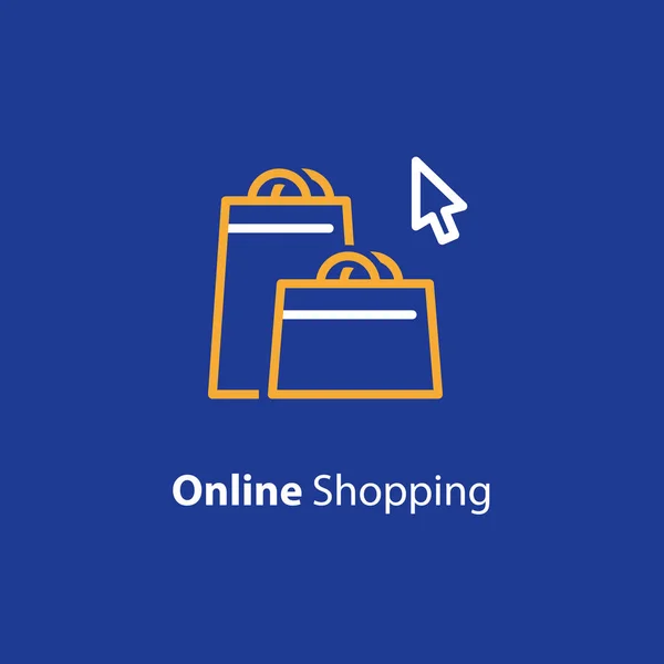 Internet shopping, freccia del cursore, ordine borse, icona della linea — Vettoriale Stock