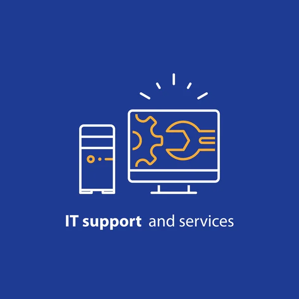 Aggiornamento del computer, aggiornamento del sistema, installazione software, servizi di riparazione, icona della linea di supporto IT — Vettoriale Stock
