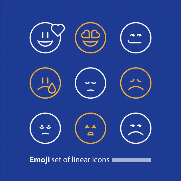 Iconos de línea emoji, símbolo de sonrisa, emociones y sentimientos que expresan — Vector de stock