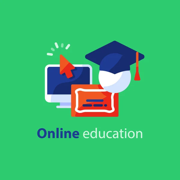 オンライン教育コンセプト ライン アイコン、インターネット学習コース、遠い勉強 — ストックベクタ