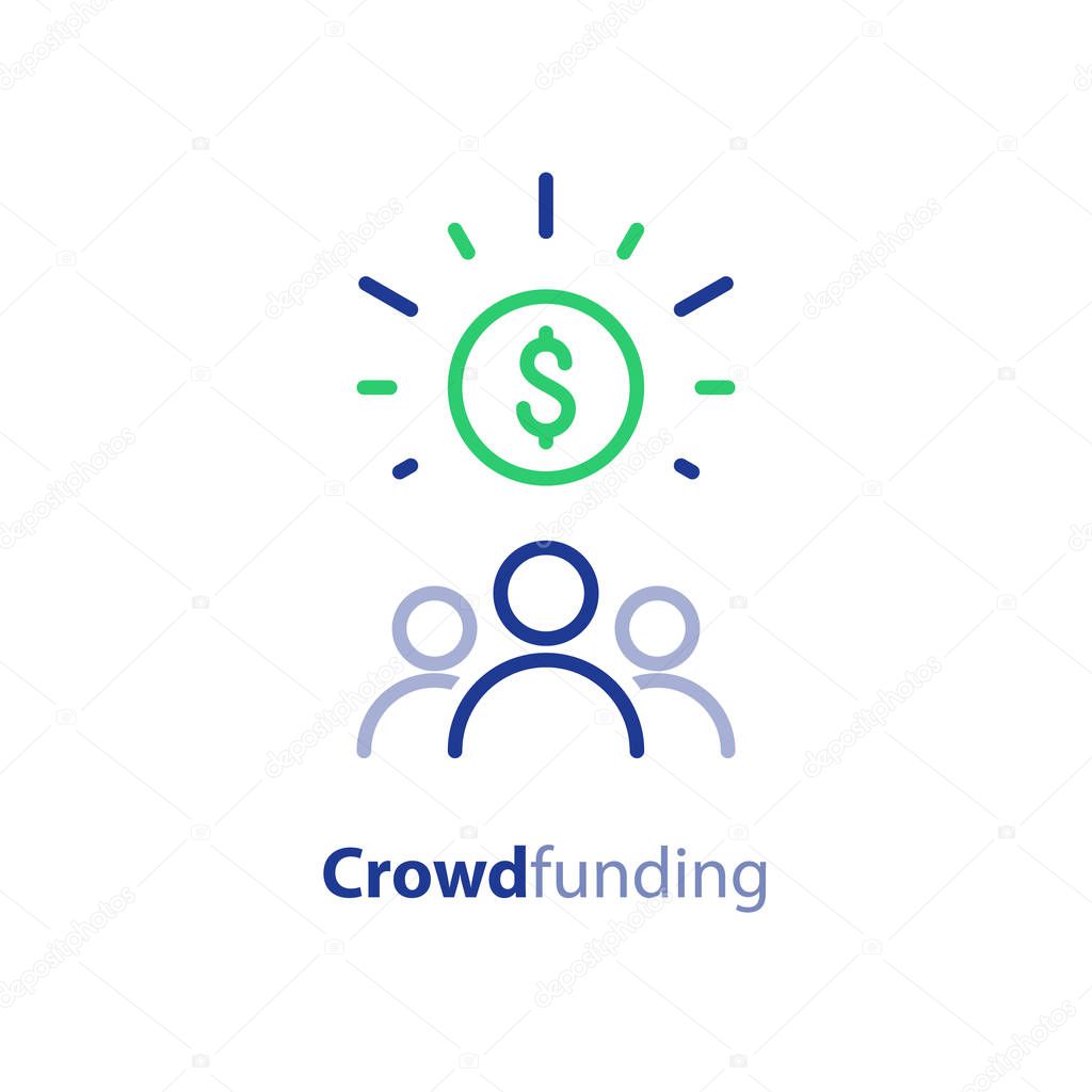 Crowdfunding and donation concept, raising money, crowdsourcing, vector line icon