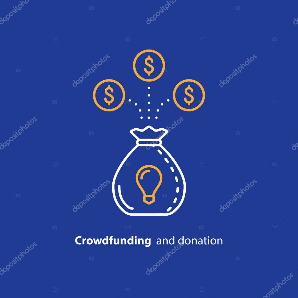 Crowdfunding and donation concept, raising money, financial investment, finance consolidation, idea light bulb, start up business fund, vector line icon