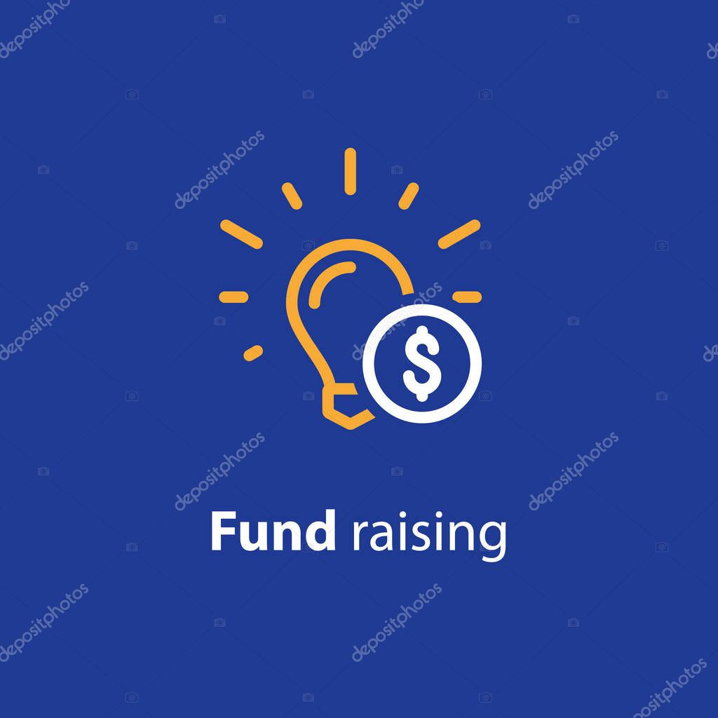 Donation and crowdfunding concept, fund raising, sponsor, idea light bulb, start up business, vector line icon