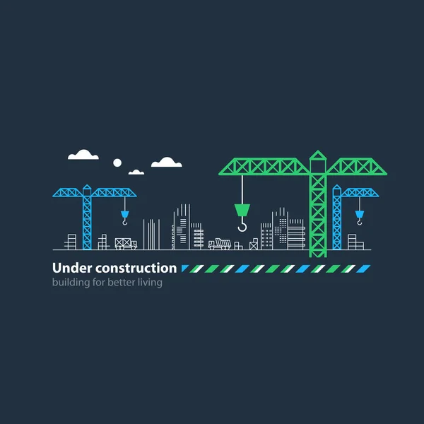 Empresa constructora inmobiliaria, bajo bandera de obra, grúas — Vector de stock