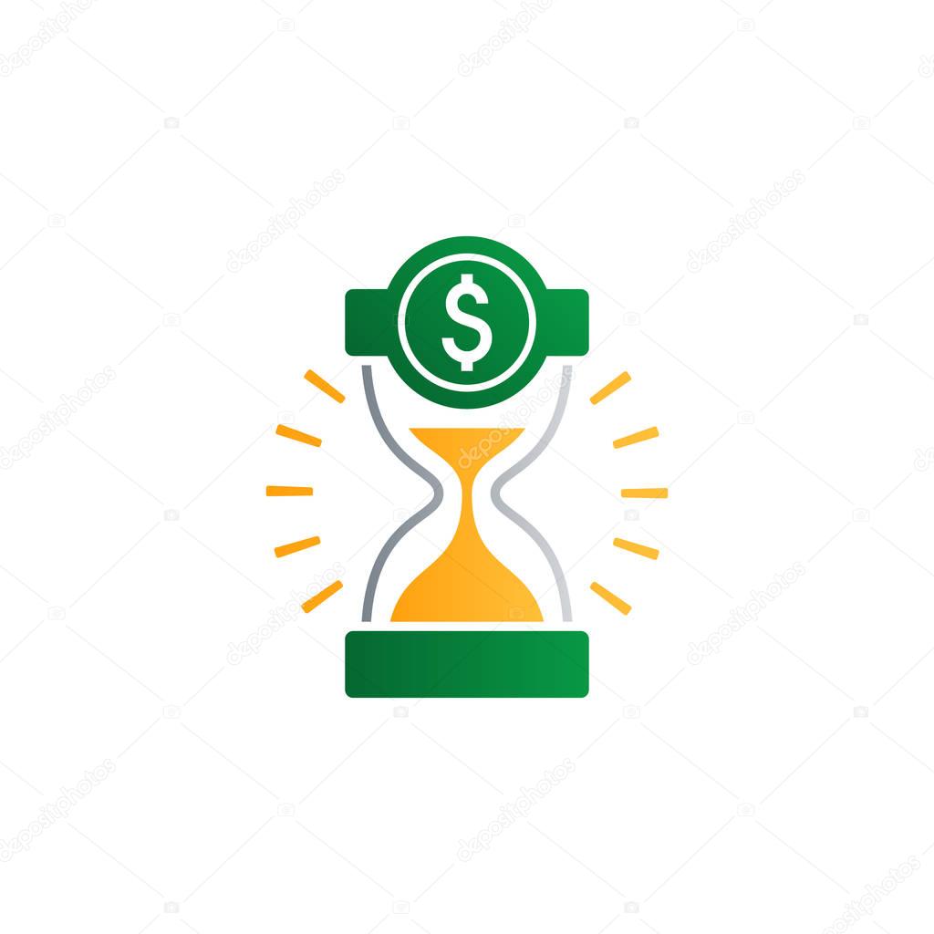 Business and finance theme concept, sand glass time and money icon. Flat design vector illustration