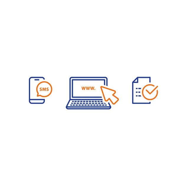 Computadora portátil con cursor, enviar mensaje telefónico, recibir notificación SMS, presentar documento, iconos de línea — Vector de stock