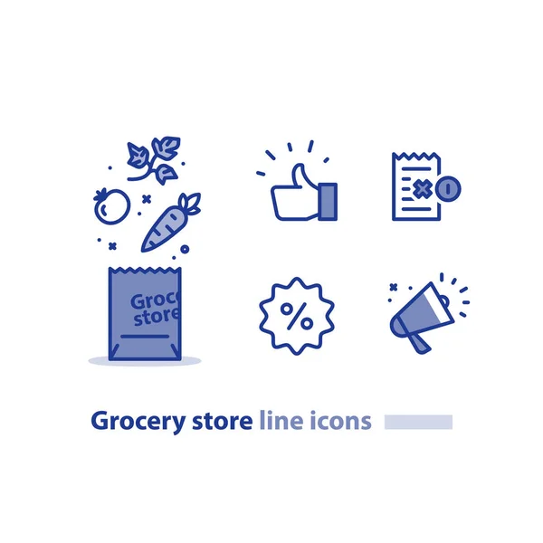 Zakupy, torba, pakiet sklep spożywczy, świeże warzywa linii ikona, megafon ogłoszenie sprzedaży żywności — Wektor stockowy