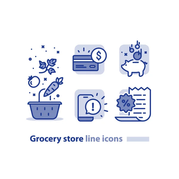 Shopping alimentaire, panier d'épicerie, icône de la ligne de légumes, programme de fidélité de récompense, gagner des points à chaque achat — Image vectorielle