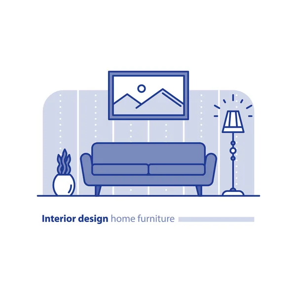 Размещение мебели в гостиной, простота концепции, комфортный дом, современный дизайн интерьера — стоковый вектор