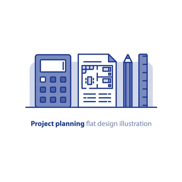 Inicio diseño de interiores, plan de apartamentos, cálculo de gastos de proyecto, diseño de la habitación — Vector de stock