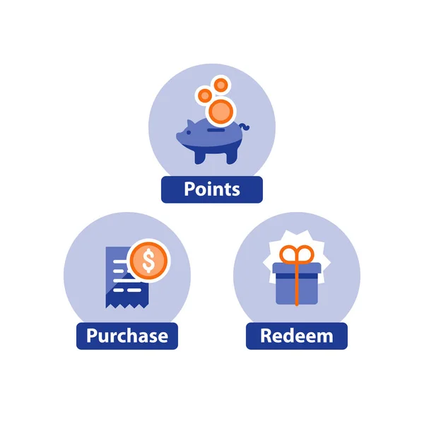 Loyaliteit programma concept, punten verdienen, win gave, incentive, plat pictogrammen winkelen — Stockvector