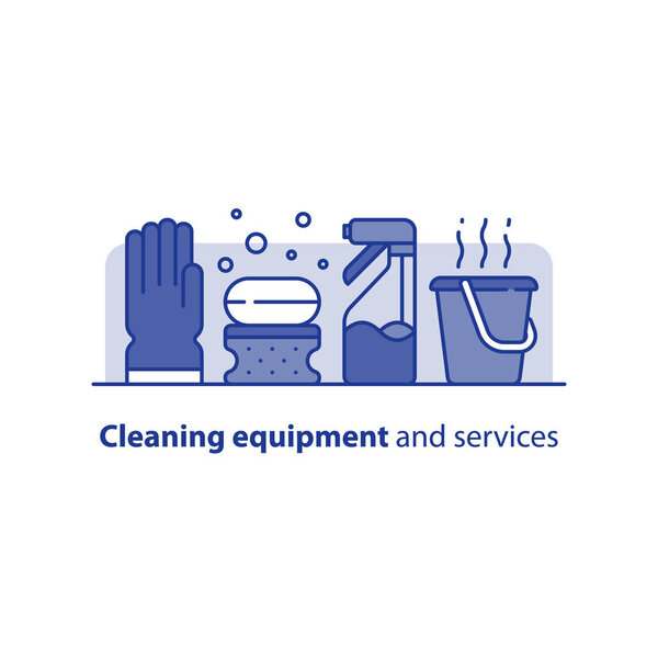 Household equipment, cleaning services, domestic chores, vector icons